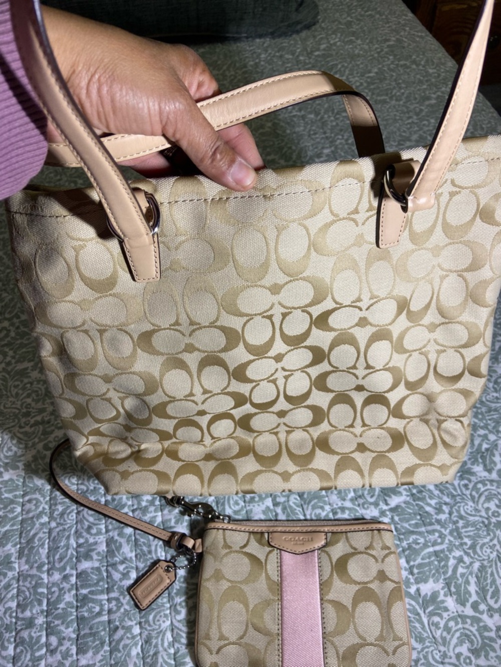 Coach Beige Signature Canvas Tote with Pink Center Stripe and Wristlet - Picture 3 of 7